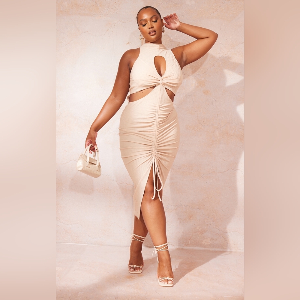 PLT Plus Stone Cut Out Knot Detail Ruched Front Midi Dress Size US 20